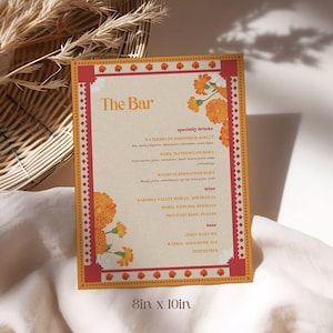 Carte des boissons florales au souci rétro, menu shower de la mariée, carte des boissons du bar, menu de mariage, modèle numérique de papeterie de mariage