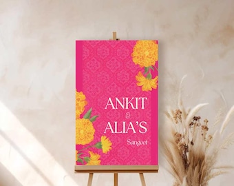 Hot Pink Floral Marigold Wedding Welcome Sign, Engagement Sign, Indian Wedding Sign, Digital Wedding Stationery Template, Haldi Ceremony