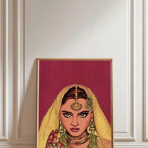 Regal Indian Women Wall Art Poster Home Decor, Queen of Hearts Rekha Studio Decor, Iconic Modern Bollywood Art. Vintage Art Office Decor