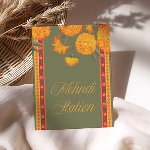 Cartello floreale Marigold Mehndi Station, Bangle Bar, Bindi Bar, Jumka Bar, Chai Station. Cartello per addio al nubilato, modello di cancelleria digitale per matrimoni