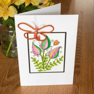 A5 Original Flowery Art Card with Decorative Butterfly Charm