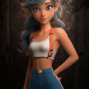 Pu&ograve; includere: Un'illustrazione 3D di un cartone animato di una donna con i capelli blu che indossa una canotta bianca, jeans blu, un berretto da baseball arancione e bretelle arancioni. Ha le lentiggini e gli occhi blu.