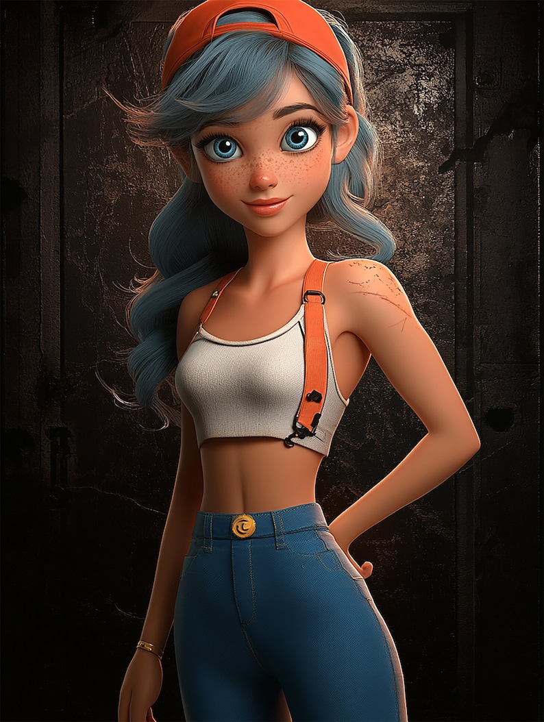 Pu&ograve; includere: Un'illustrazione 3D di un cartone animato di una donna con i capelli blu che indossa una canotta bianca, jeans blu, un berretto da baseball arancione e bretelle arancioni. Ha le lentiggini e gli occhi blu.