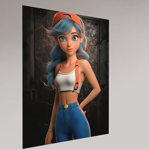 Pu&ograve; includere: Un'illustrazione di cartone animato di una donna con i capelli blu che indossa un top corto bianco, jeans blu e un berretto da baseball arancione. &Egrave; in piedi davanti a uno sfondo scuro e testurizzato.