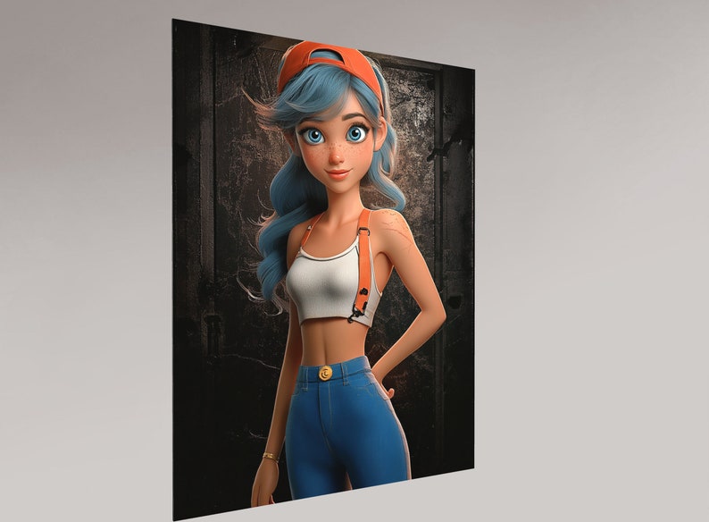 Pu&ograve; includere: Un'illustrazione di cartone animato di una donna con i capelli blu che indossa un top corto bianco, jeans blu e un berretto da baseball arancione. &Egrave; in piedi davanti a uno sfondo scuro e testurizzato.