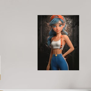 Pu&ograve; includere: Un'illustrazione 3D di un cartone animato di una giovane donna con i capelli blu, che indossa un top bianco senza maniche, bretelle arancioni, jeans blu e un berretto da baseball arancione. &Egrave; in piedi davanti a uno sfondo scuro.