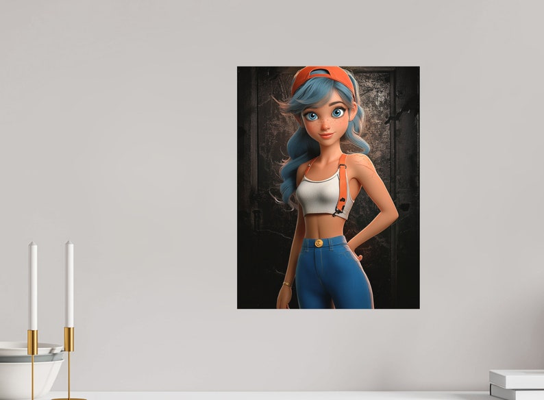 Pu&ograve; includere: Un'illustrazione 3D di un cartone animato di una giovane donna con i capelli blu, che indossa un top bianco senza maniche, bretelle arancioni, jeans blu e un berretto da baseball arancione. &Egrave; in piedi davanti a uno sfondo scuro.