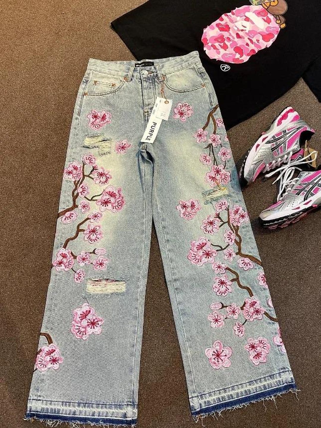 Baggy Jeans, Cherry Blossom, Unisex Clothing, Harajuku, Y2K, Loose Jeans, Embroidered, Gothic Fashion, Streetwear, Japanese, Wide Leg Jeans
