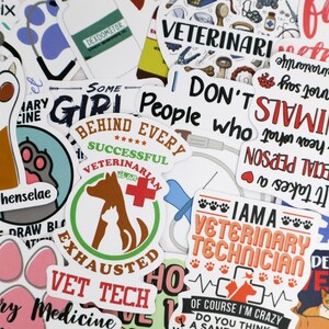 May include: A collection of colorful stickers with veterinary-themed designs. The stickers feature text like "Veterinarian," "I am a Veterinary Technician," and images of paw prints, dogs, and cats. Some stickers have the text "Girl Behind Every Successful Veterinarian."