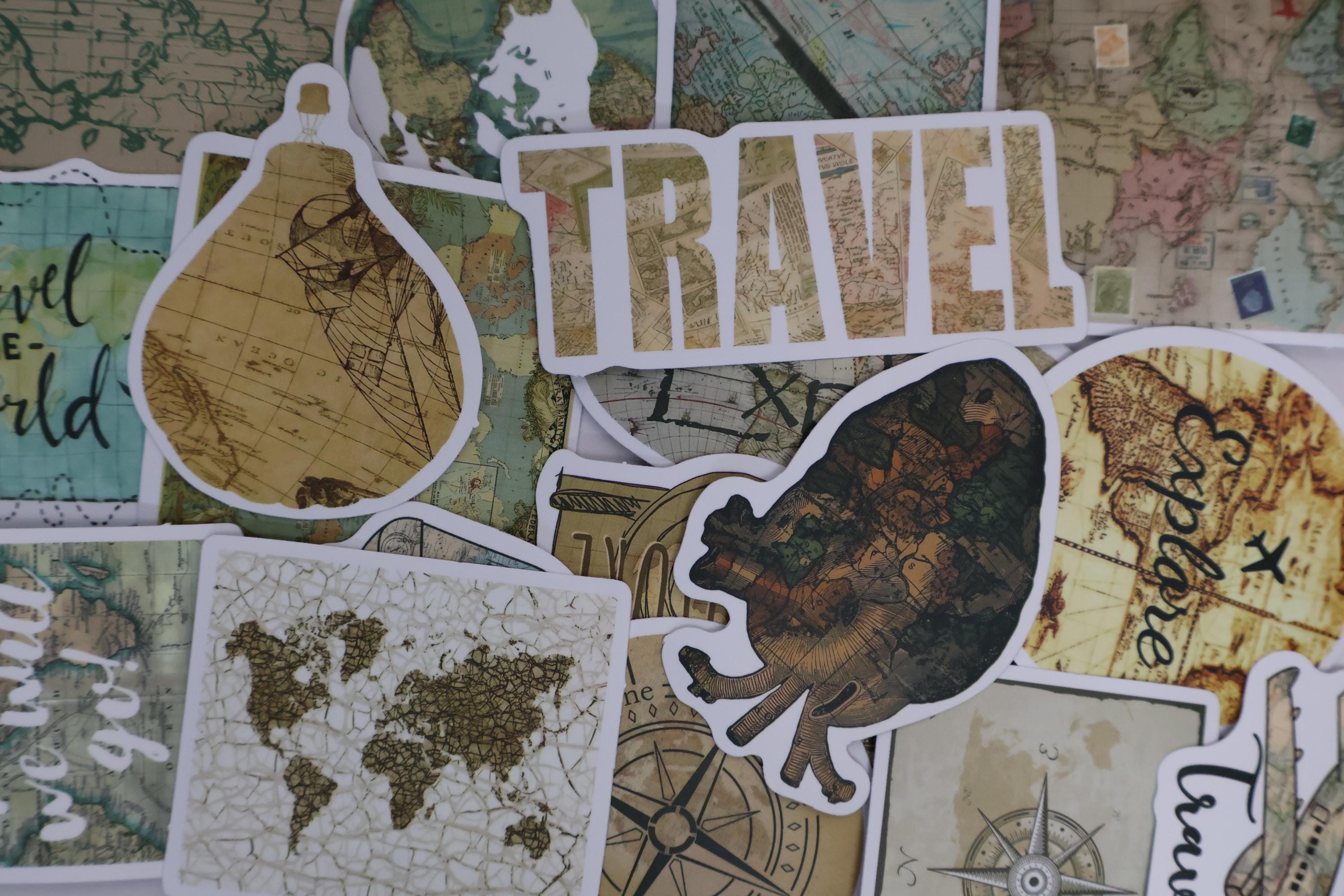 50pcs Travel Stickers Pack | World Map Clock Landmark Vinyl Stickers ...