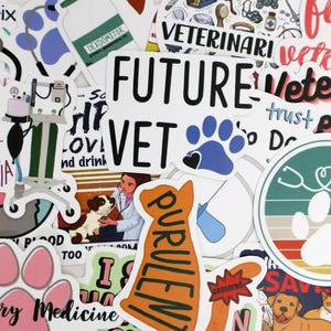 May include: A collection of colorful stickers with veterinary themes. Designs include paw prints, stethoscopes, and text like "Future Vet" and "Veterinary Medicine." Other stickers feature medical equipment and illustrations of animals.