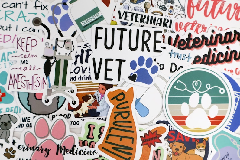 May include: A collection of colorful stickers with veterinary themes. Designs include paw prints, stethoscopes, and text like "Future Vet" and "Veterinary Medicine." Other stickers feature medical equipment and illustrations of animals.