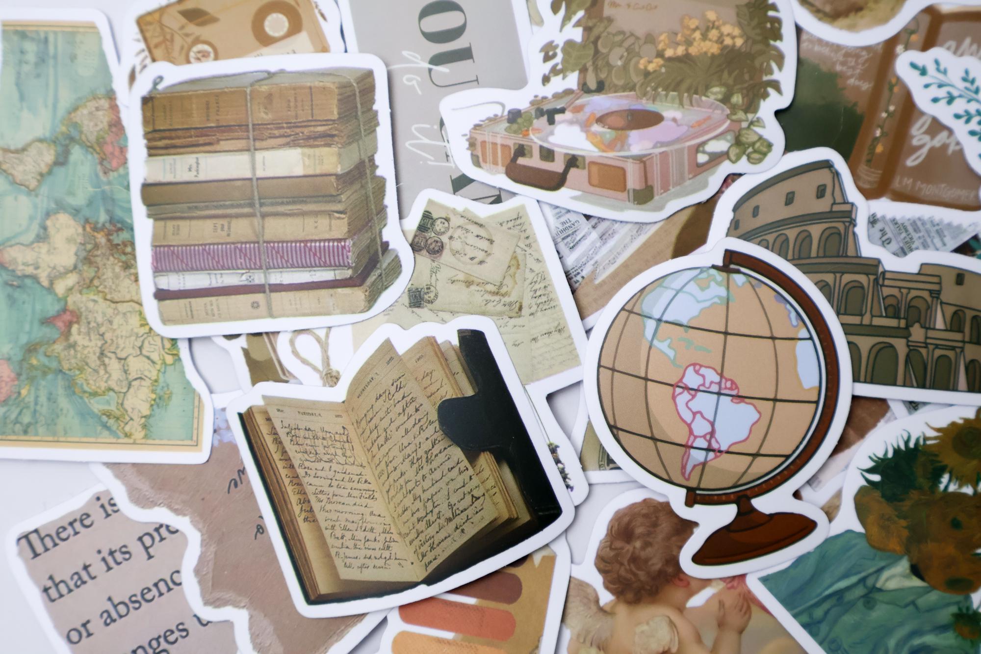 50pcs Travel Collage Stickers Pack | Retro Aesthetic Statue Cat Quote ...