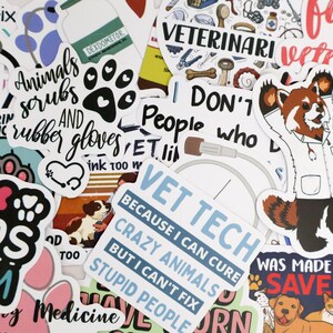 May include: A collection of colorful stickers with veterinary-themed designs. The stickers feature text like "Vet Tech" and "Veterinary Squad", along with illustrations of animals and medical tools. The stickers are in various shapes and sizes.