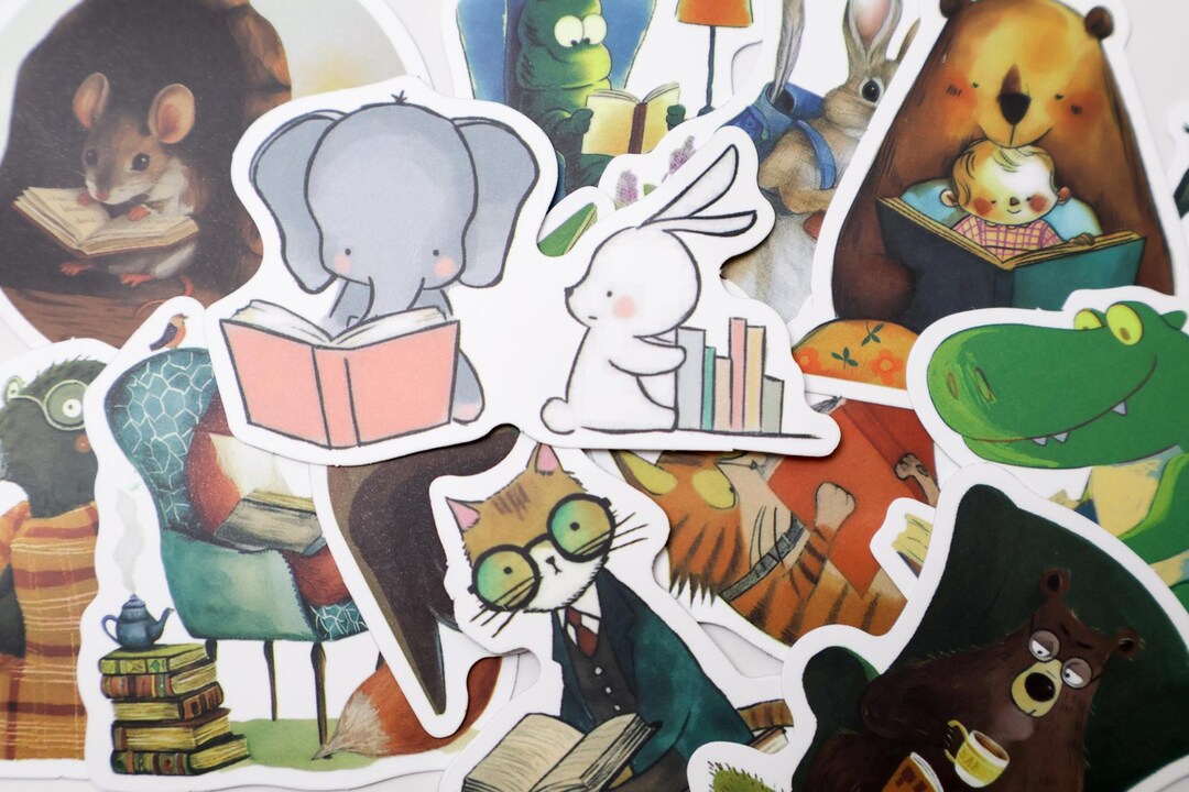50pcs Reading Animals Sticker Pack | Cute Cartoon Bookworm Critters ...
