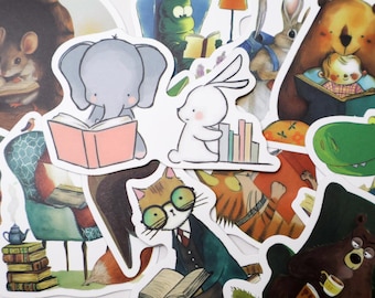 50pcs Reading Animals Sticker Pack | Cute Cartoon Bookworm Critters with Books Doodle | Vinyl Stickers for Laptop, Water Bottle Library Gift