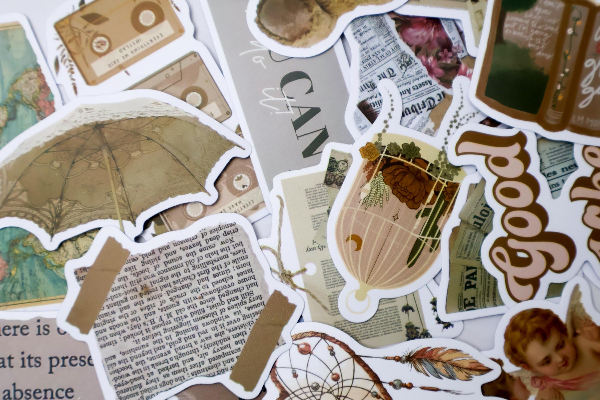 50pcs Travel Collage Stickers Pack | Retro Aesthetic Statue Cat Quote ...