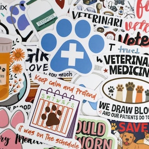 Peut inclure: Un assortiment d'autocollants colorés sur le thème vétérinaire et animalier. Les motifs comprennent une empreinte de patte bleue avec une croix blanche, un flacon de pilules avec du texte et des phrases comme "Vétérinaire".