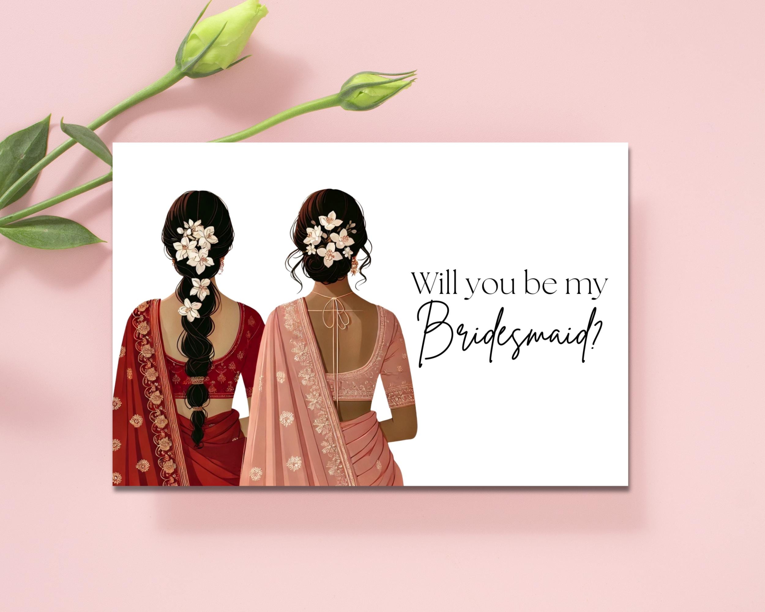 Editable Bridesmaid Proposal | Elegant Indian Bridesmaid Proposal Card | Saree & Floral Hair | Personalized Proposal Card