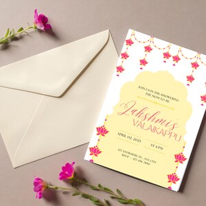 Invitation élégante de Valaikappu | Modèle numérique indien de baby shower | Invitation à imprimer sur le thème du lotus