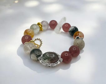 Christmas Crystal Bracelet – 12mm Beads, Snow Globe Style with White & Green Phantom + Strawberry Quartz, 6.5” Wrist(Custom Sizes Available)