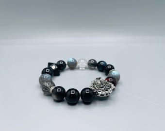 Ninetales Crystal Bracelet Custom-designed with Labradorite, Blue,Black,Red Tiger’s Eye, Obsidian 12mm/7inches Mutiple Healing Attributes