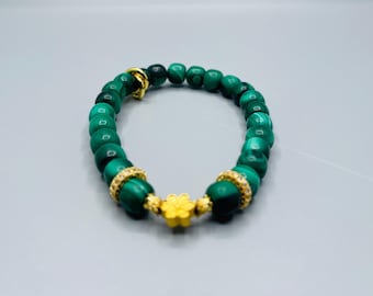 Green Malachite Bracelet with Golden Alloy and Zircon Accessories - Authentic High Grade Healing Gemstone/Great for Motivation Courage Build