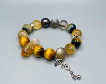 Golden Tiger’s Eye Crystal Bracelet Custom-designed with Tiger’s Eye, Citrine, Moonstone,  Fluorite, Authentic Tahitian Pearl 12mm 6.5 inch