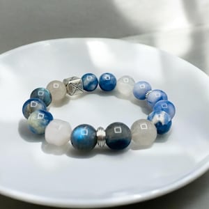 Blaues Kristallarmband Kundenspezifische und handgemachte mit Labradorit,Kyanit,Rutilquarz,K2 Stein Planeten wie Kugeln 12 mm 7 Zoll