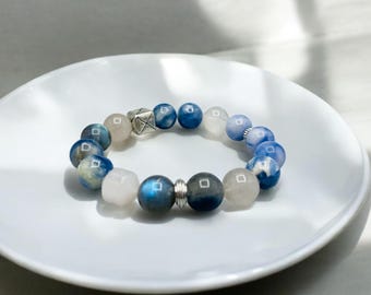 Blue Crystal Bracelet Custom-designed and handcrafted with Labradorite,Kyanite,Rutilated Quartz,K2 Stone Planets like Spheres 12mm 7 inches