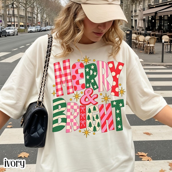 Christmas Comfort Colors® Shirt Preppy Merry Bright T-shirt Retro Holiday Aesthetic Tee Pink Colorful Girly Xmas Tshirt