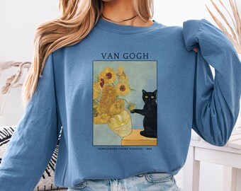 Comfort Colors 猫シャツ 長袖 おもしろ猫シャツ ゴッホシャツ 猫