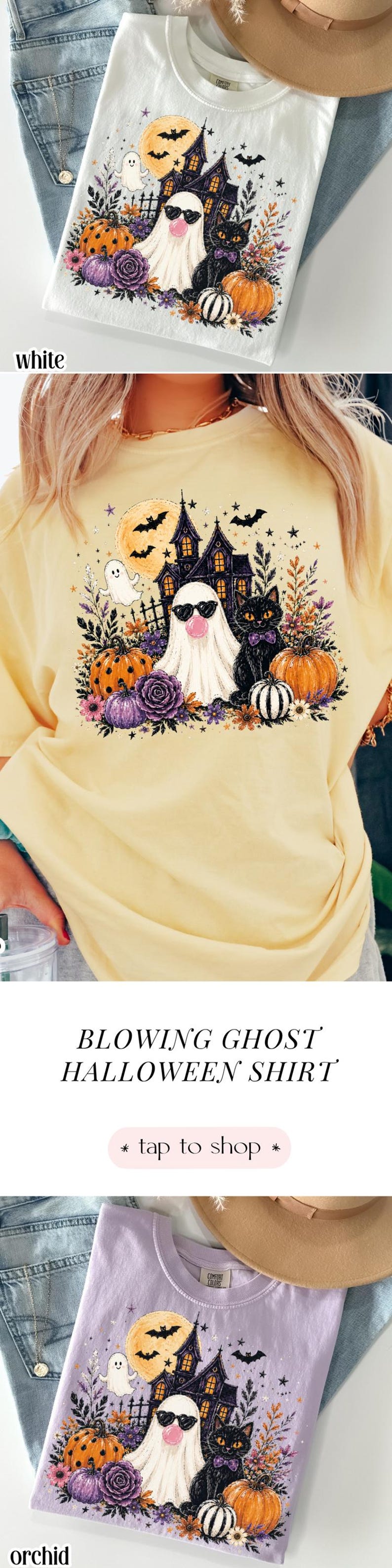 Comfort Colors® Ghost Shirt Floral Spooky Season Tee Black Cat Halloween Fall Aesthetic TShirt Haunted House T-Shirt Boo Blowing Bubble Gum image 15