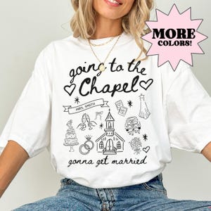 Maglietta da addio al nubilato Comfort Colors, maglietta personalizzata &quot;Going to the Chapel Gonna Get Married&quot;, maglietta da sposa Doodle Coquette