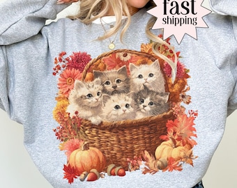 Fall Vintage 90s Cat Cottagecore Sweatshirt Cozy Season Retro Floral Sweater Vintage Wildflower Cat Lover Crewneck Kitten Basket Pullover