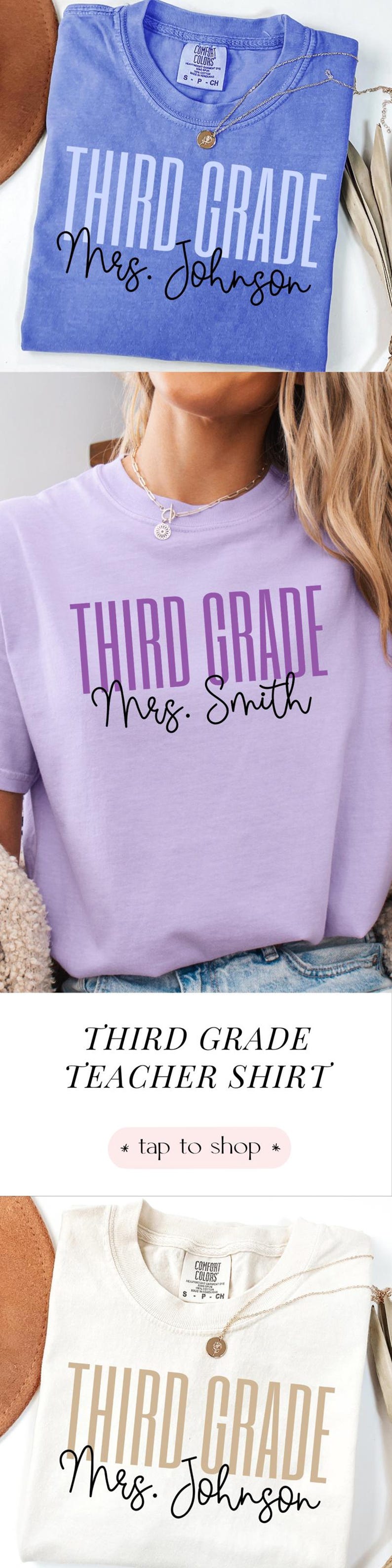 May include: A collection of short-sleeved crew neck t-shirts in blue, light purple, and off-white. Each shirt features the text "THIRD GRADE" in a bold sans-serif font and "Mrs. Johnson" or "Mrs. Smith" in a black cursive script font.