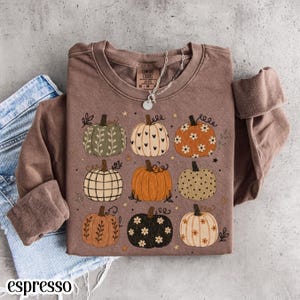 May include: A brown crewneck sweatshirt featuring a graphic print of nine pumpkins in various patterns, including floral, polka dot, plaid, and heart designs, arranged in a grid with small stars, accompanied by a silver chain necklace.