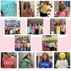 May include: A collection of t-shirts featuring various grade levels and teacher names printed on the front. The shirts appear in multiple colours including mint green, orange, yellow, pink, blue, and white, worn by different individuals in school settings.