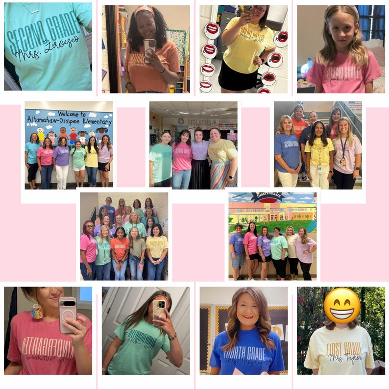 May include: A collection of t-shirts featuring various grade levels and teacher names printed on the front. The shirts appear in multiple colours including mint green, orange, yellow, pink, blue, and white, worn by different individuals in school settings.