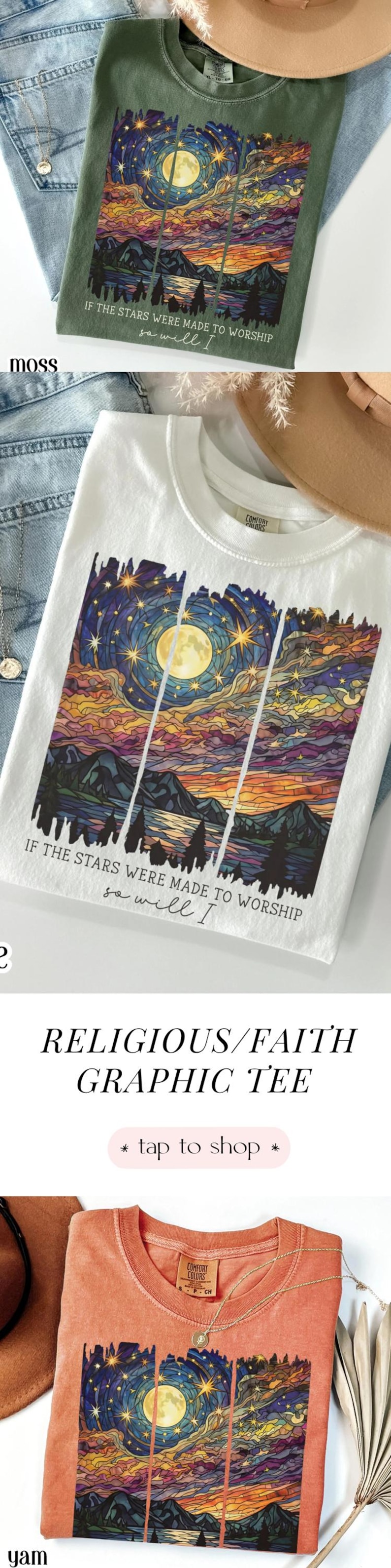 Pu&ograve; includere: T-shirt bianche e verde muschio con una grafica colorata di un cielo notturno, luna e montagne. Il testo "IF THE STARS WERE MADE TO WORSHIP, so will I" &egrave; stampato sulle magliette. Una t-shirt grafica religiosa/di fede.