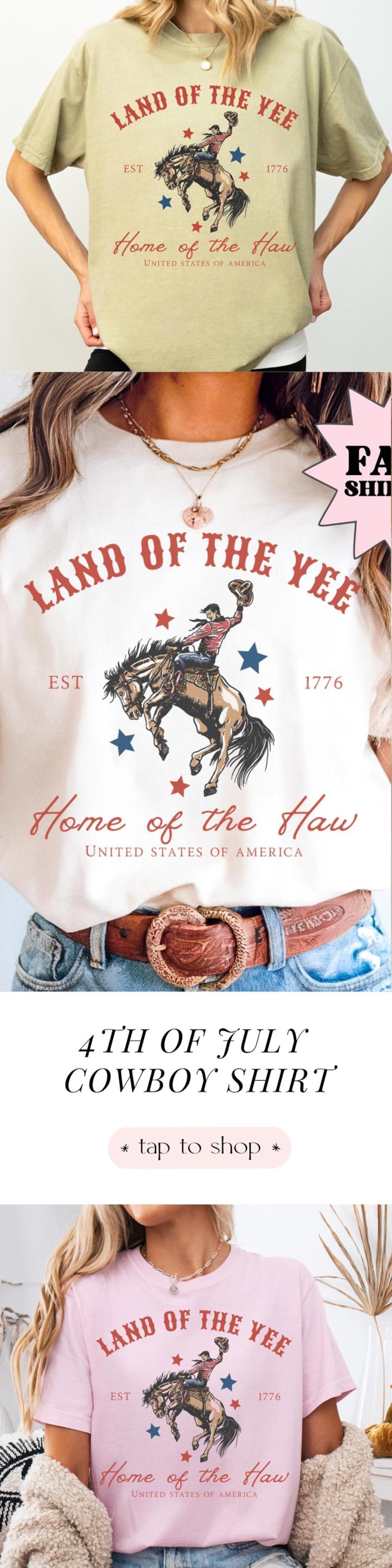 以下が含まれることがあります： カウボーイのグラフィック、赤い文字で「Land of the Yee」と「Home of the Haw」、そして年号「1776」がプリントされた明るい色のTシャツ。「4th of July Cowboy Shirt」の文字も含まれています。