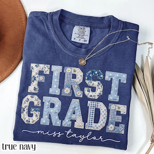 Comfort Colors® First Grade Teacher Shirt 1st Grade Matching Group T-Shirt Floral Blue Faux Patchwork Educator Back to School Team Tee image 3