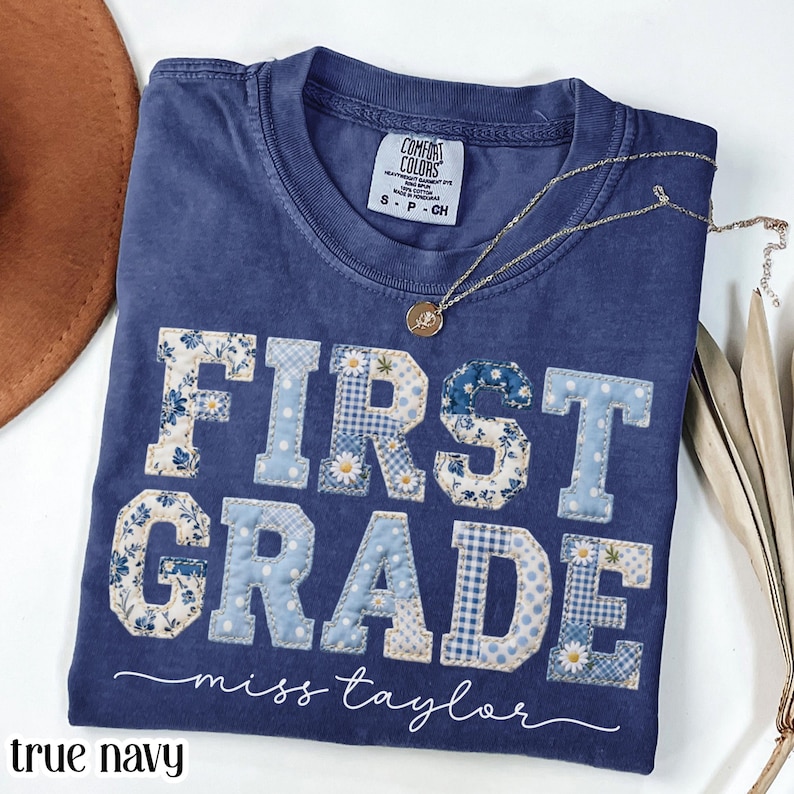 Comfort Colors® First Grade Teacher Shirt 1st Grade Matching Group T-Shirt Floral Blue Faux Patchwork Educator Back to School Team Tee image 3
