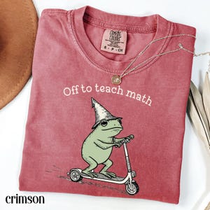 May include: Crimson Comfort Colors t-shirt with the text "Off to teach math." The shirt features a cartoon frog wearing a wizard hat and riding a scooter. A silver necklace with a pendant is draped across the shirt.