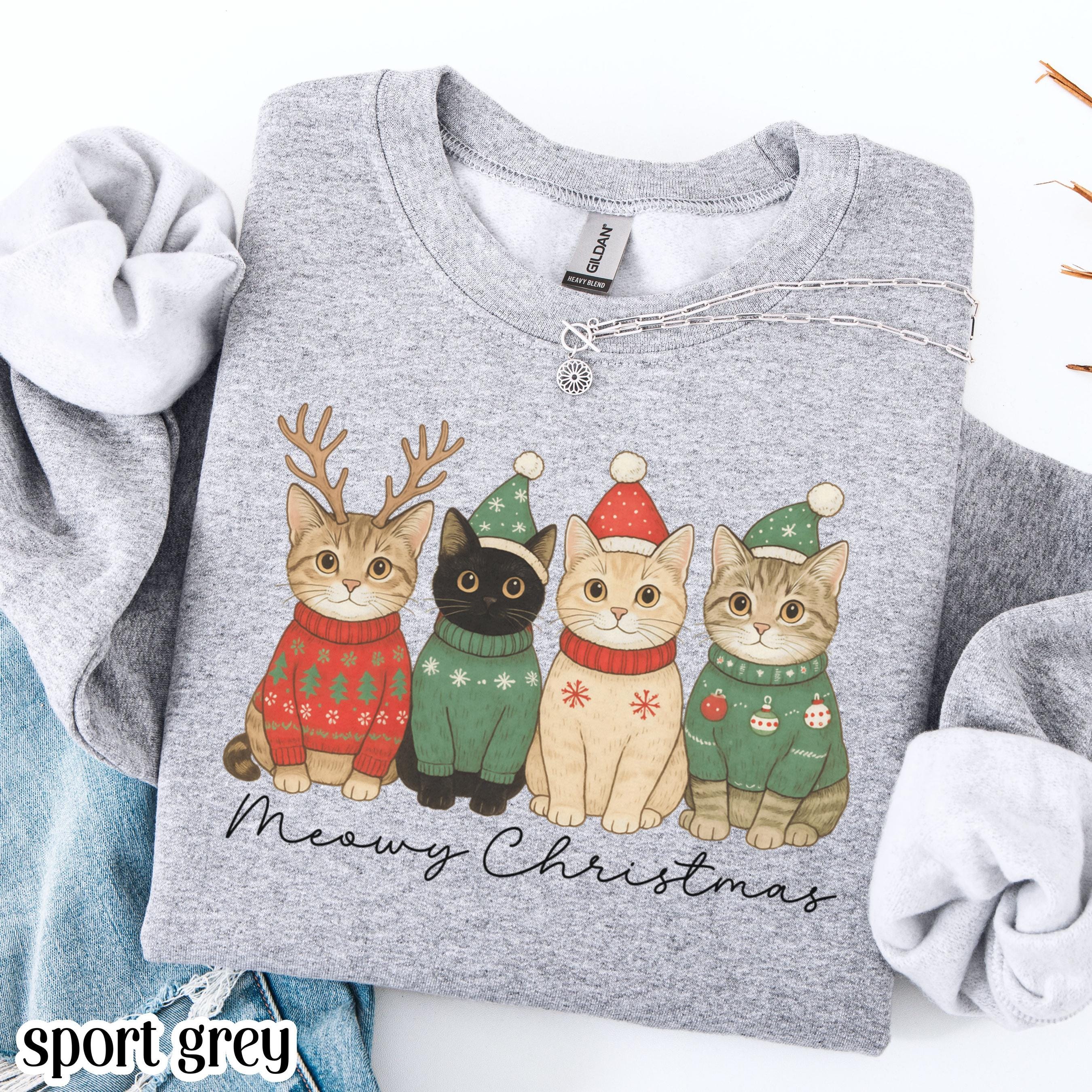 Christmas Sweatshirt Meowy Christmas Santa Hat Cat Sweater Happy
