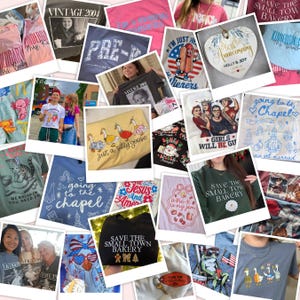 May include: A collage of various t-shirts and sweatshirts featuring diverse graphic prints, including text like 'Save the Small Town Bakery', 'Just a silly goose', 'Going to the chapel', and 'Girls will be girls', alongside illustrations of animals, food, and holiday themes.