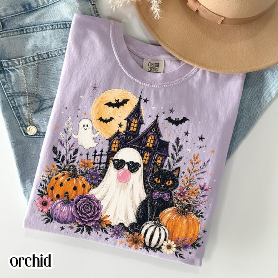 Comfort Colors® Ghost Shirt Floral Spooky Season Tee Black Cat Halloween Fall Aesthetic TShirt Haunted House T-Shirt Boo Blowing Bubble Gum