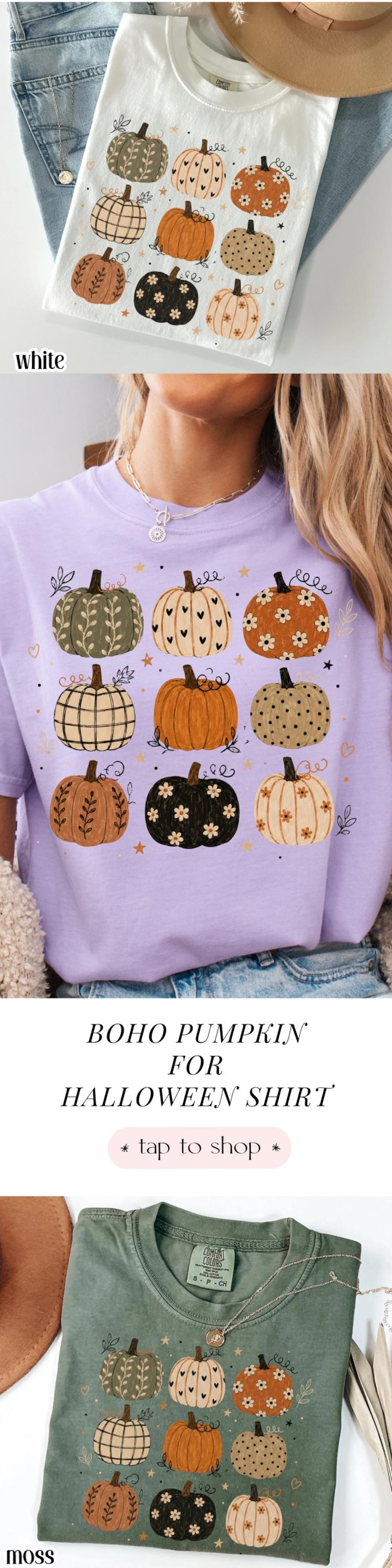 May include: A t-shirt featuring a graphic print of nine pumpkins in various colors and patterns, including floral, polka dot, plaid, and heart designs, accented with small stars and leaves. The shirt is shown in white, light purple, and moss green.