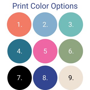 May include: Nine color swatches numbered 1 through 9. The colors are coral, light blue, teal, dark teal, hot pink, sage green, black, navy blue, and cream.