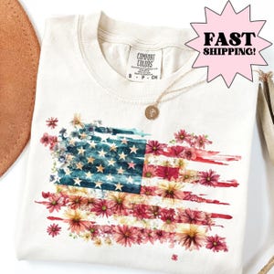 Camiseta Comfort Colors del 4 de julio, camiseta de EE. UU., camiseta del 4 de julio, camiseta con la bandera estadounidense, camiseta clásica de EE. UU., camiseta con la bandera floral, Día de la Independencia